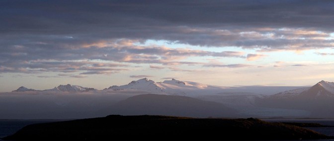 The view of Vatnajökull from Höfn at sunset