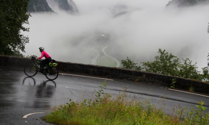Alba in one of the hairpins with the road far below.