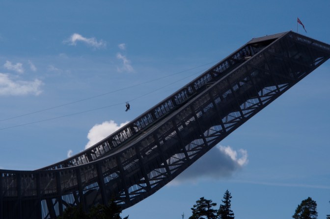 The ski jump at Holmenkollen with a zip line from top to bottom.