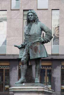 George Frideric Handel keeping watch over the square in downtown Halle, the city along the Saale River, where he was born.