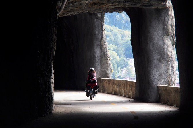 Jan cycling through one of the tunnels.