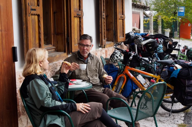 Having espresso in a road-side café.