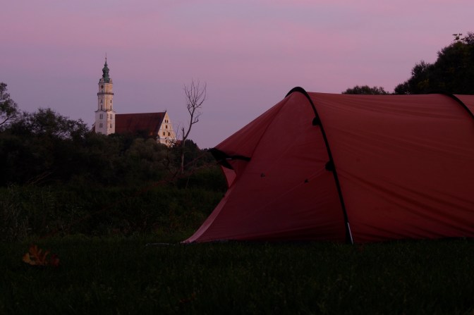 Our tent with the town's church in the background at sunset.