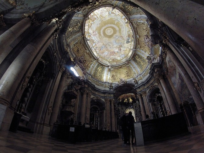 The interior of the Weltenberg Abbey, founded in 650 AD by Scottish and Irish monks. It is also one of the oldest monastery breweries in the world. http://en.wikipedia.org/wiki/Weltenburg_Abbey
