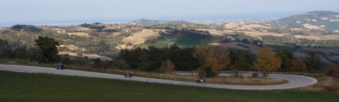 Jan, Ivona and Gary in a hairpin gaining the summit coming up from Mercatino Conca on the way to Urbino.