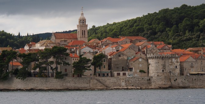 Approaching the walled city of Korčula.