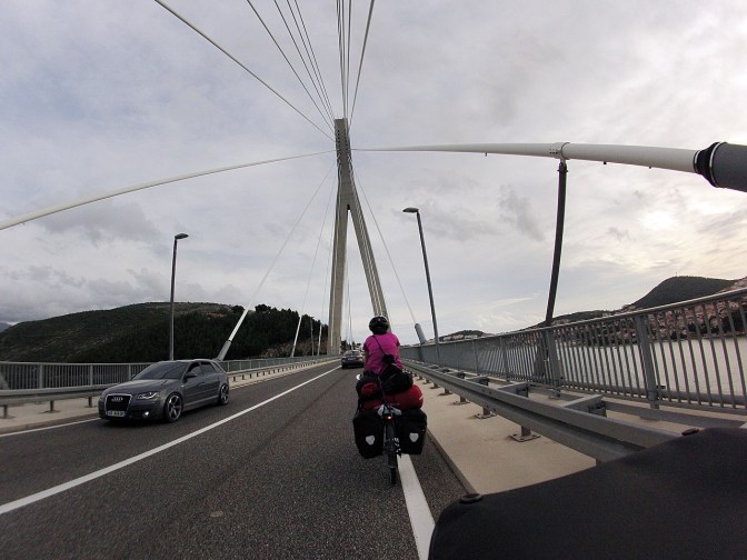 Riding across the Franjo Tudjman bridge into Dubrovnik.