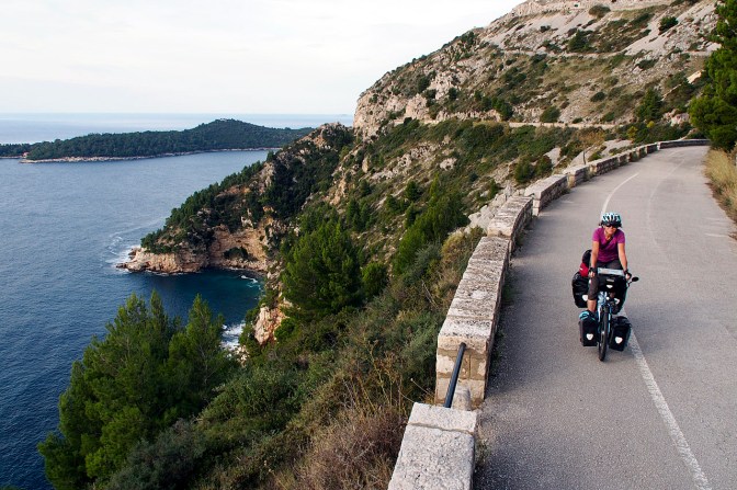 Riding an old road out of Dubrovnik.