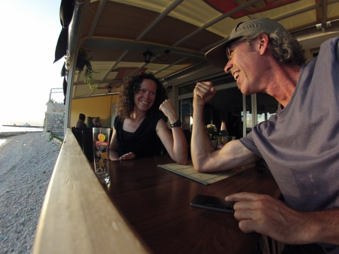 Comparing our lean mean cycling machine bodies over a beer in Orebić.