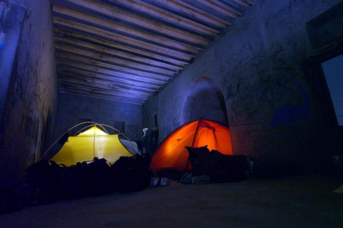 Camp inside our little mosque on the beach at night.
