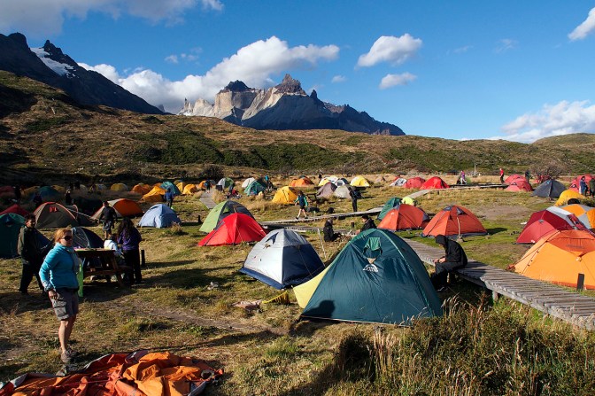 The camp site at Paine Grande: tents like M&Ms scattered in the field.