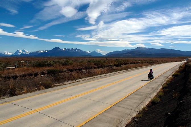 Jan riding north from Puerto Natales.