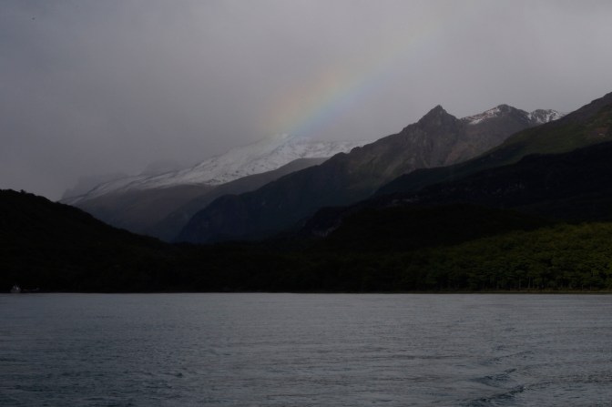 A bright spot of rainbow in the gloom above Lago del Desierto.