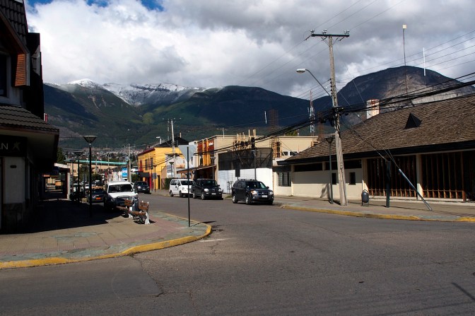 Fresh snow on the mountains above Coyhaique.