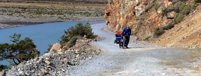 Pushing up a steep, soft bit of road along Rio Elctra.