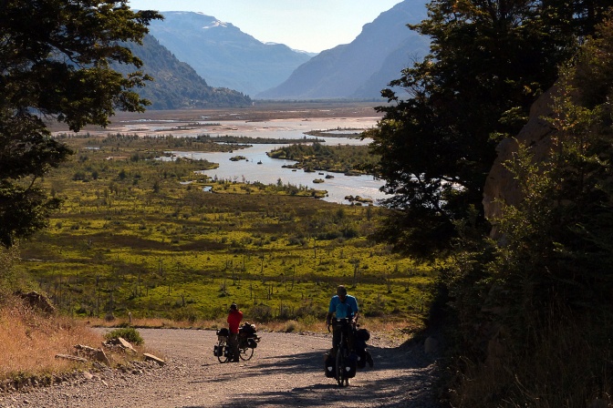 Climbing a steep hill on the road approaching Villa Cerro Castillo along Rio Ibañez.