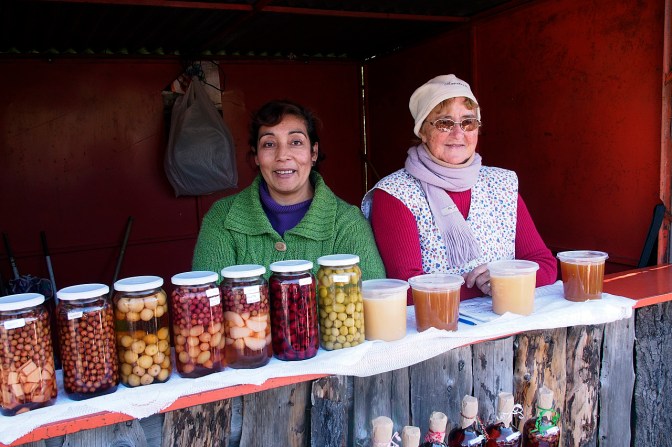 Señoras selling canned fruit, honey, jams and booze. We bought some booze.
