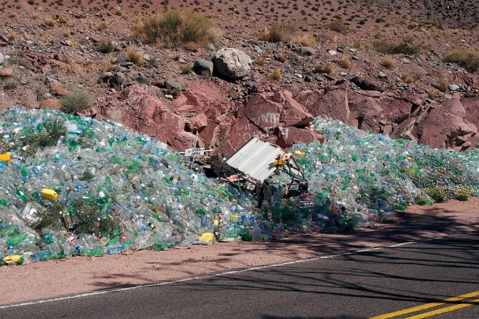 A shrine to La Difunta Correa. Truckers leave bottles of water as votive offerings.