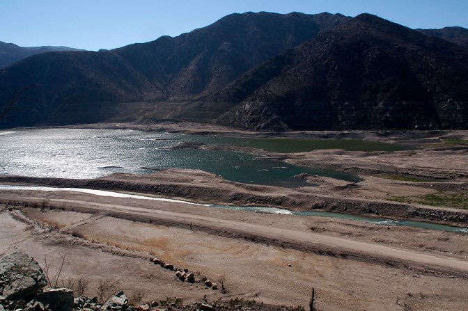 A nearly empty Puclaro Reservoir behind the dam on Rio Elqui.