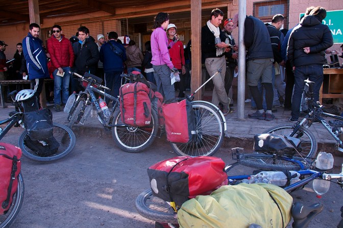 Waiting in line at the Chilean border to get stamped out.