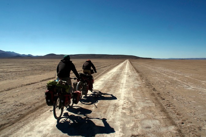 Cruising into San Juan de Rosario at 25 km/hr on the salar.