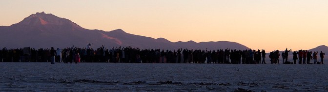 Hundreds of solstice partiers greeting the sunrise on June 21.