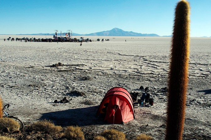 Our camp at Isla Incahuasi with the solstice party in the background.