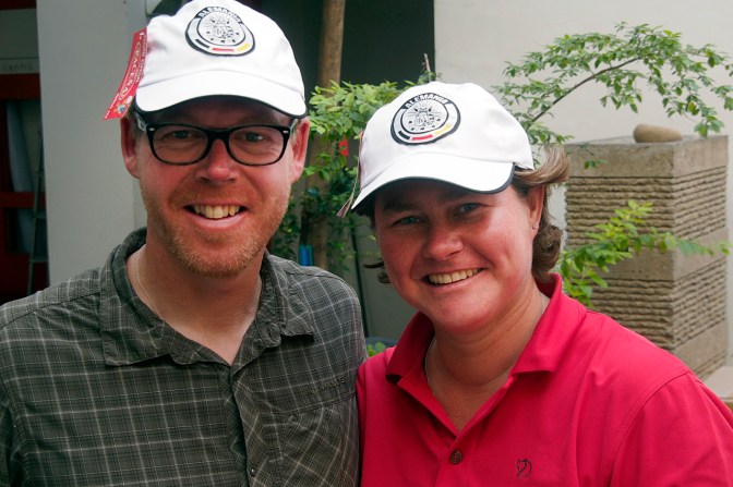 Ellen and Elmar with their Allemaña caps. We'll do anything for free beer.