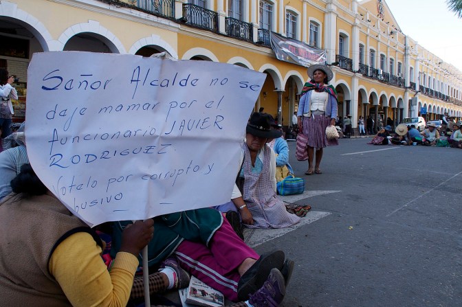 Protesters sitting in the streets around Plaza 14 de Septiembre in Cochabamba.