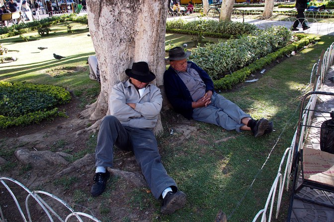 Having a nap in Plaza 14 de Septiembre, Cochabamba.