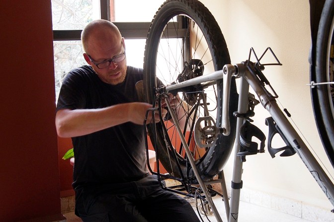 Elmar straightening the newly built wheel.