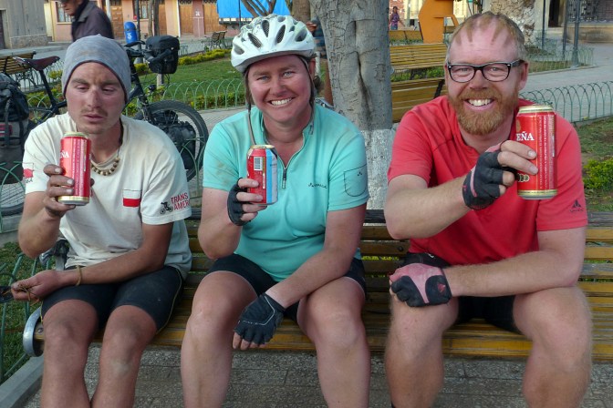 Quenching their thirst after a long, dusty ride to Aiquile: Marcin, Ellen and Elmar.