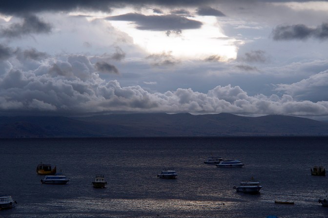Sunset over Lake Titicaca and Copacabana beach.
