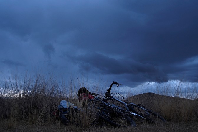 Our trusty bicycles at rest with rain threatening.