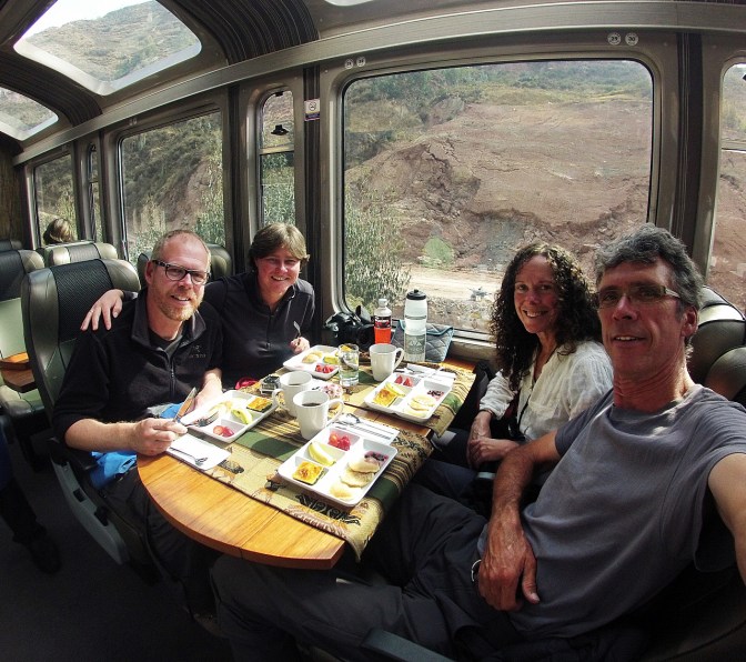 Enjoying breakfast on the train to Machu Picchu.