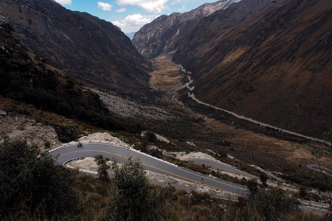 The view from above: Jan climbing the switchbacks up to Punta Olimpica Pass.