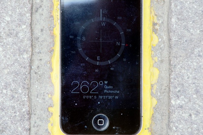 The GPS shows the equator is about 250 metres further north and not at the Mitad del Mundo park.