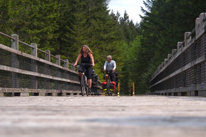Grietje and Chris on one of the Cowichan Valley Trail trestles.