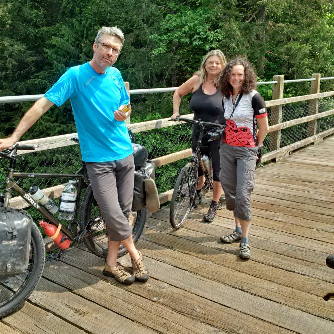 Paul, Jan and Grietje on a Cowichan Valley Trail trestle.