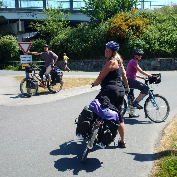 Grietje, Jan and Paul at the crossroads of Galloping Goose and Lochside trails in Victoria.