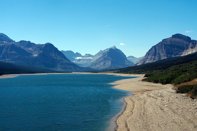 A clear morning over Lake Shelburne as we cycle into Many Glaciers.