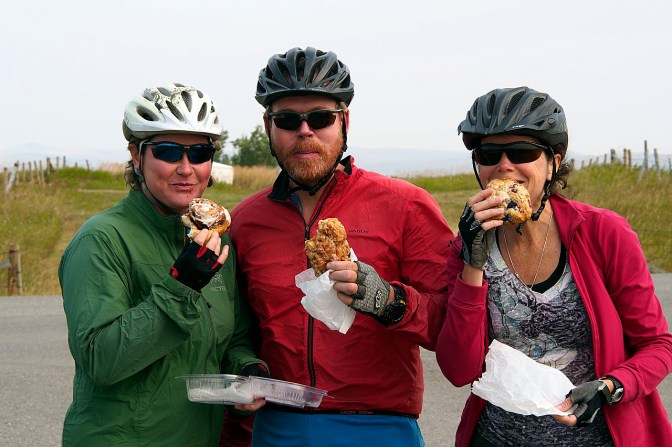 Enjoying a baked goody break along the road to the Crowsnest Pass.