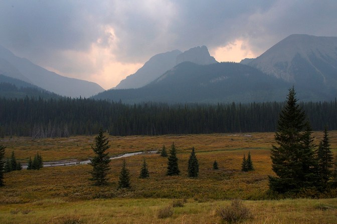 Smoke blankets the mountains in Alberta's Peter Lougheed Park.