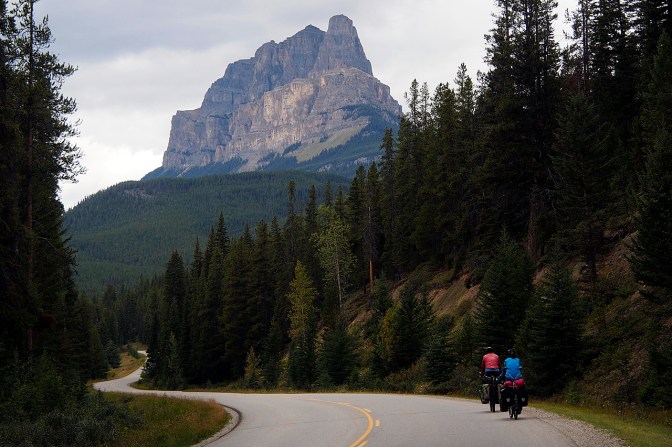 Jan and Elmar heading north on the Icefields Parkway approaching Castle Mountain.