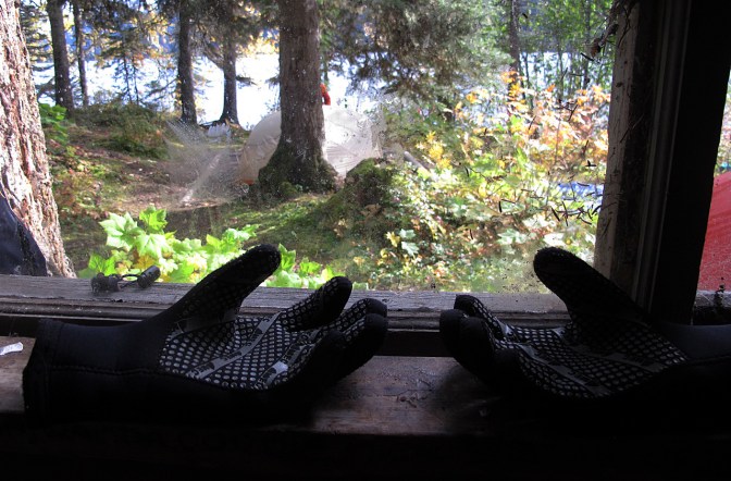 Drying gloves in the window of the Moxley Creek cabin.