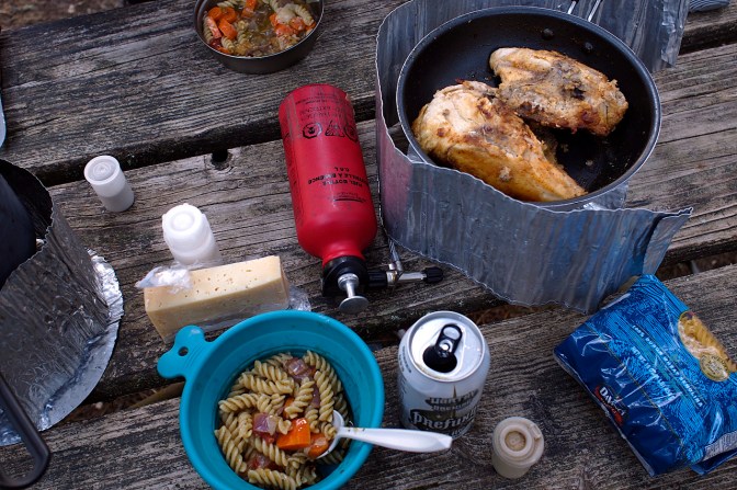Dinner: pasta with pesto and veggies and roast chicken breasts.