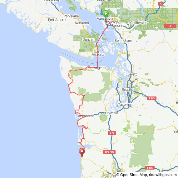 Our route from Vancouver to Seaside, OR.