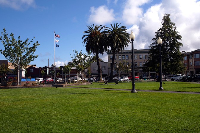 Arcata's central plaza is reminiscent of South American towns.