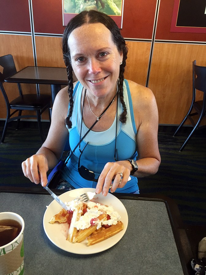 Jan having some waffles on the ferry to Galiano Island.
