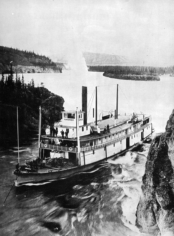 Steamer Yukoner being lined through Five Finger Rapids. photo: Wikimedia Commons